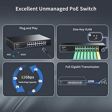 Aumox 18-Port Ethernet Gigabit PoE Switch, 16-Port PoE with 2 Uplink Gigabit Ports, 250W Built-in Power, Metal Casing and 19-inch Rackmount, Traffic Optimization, Plug and Play, Unmanaged(SG518P) - Image 4