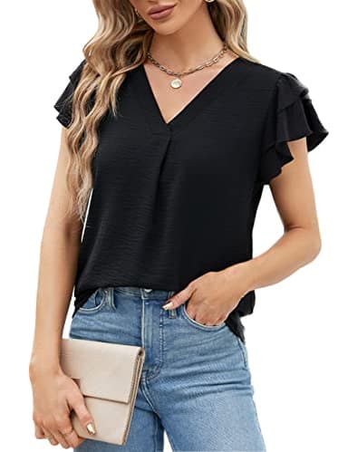 Blooming Jelly Womens Dressy Casual Shirts Short Sleeve V Neck Work Blouse Business Casual Summer Tops 2025(X-Large, Black) - Image 1