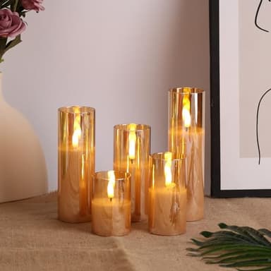 Eywamage 5 Pack Gold Glass Flameless Candles with Remote, Flickering Slim Tall LED Pillar Votive Candles Battery Included - Image 6