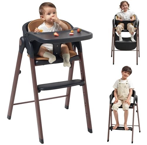 KUB High Chair for Babies and Toddlers Adjustable Foldable Convertible 5 Point Harness Easy Clean Wood-Printed Metal with Removable Tray Baby Highchair for Family (Black&Walnut Wood-Printed Metal) - Image 1
