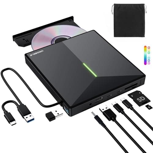 ORIGBELIE External CD DVD Drive with 4 USB Ports and 2 TF/SD Card Slots, USB 3.0 Portable CD/DVD Disk Drive Player Burner Reader Writer for Laptop MacBook Desktop PC Windows 11/10/8/7 Linux Mac OS - Image 1