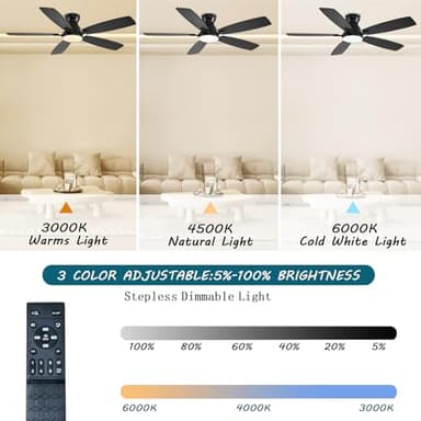 JSAITEE Ceiling Fans with Lights, 52 Inch Low Profile Ceiling Fan with Light and Remote Control, Flush Mount, DC Reversible Motor, Noiseless, Black 6 Speeds Ceiling Fan for Bedroom - Image 3