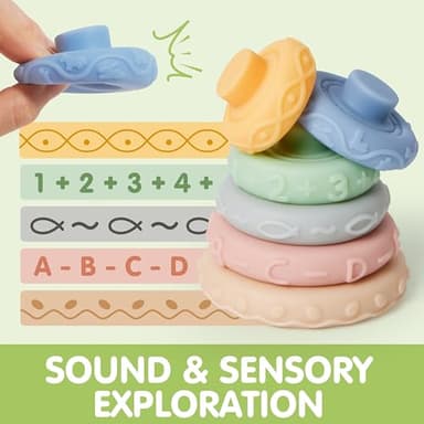 JOYIN Baby Toys - Montessori Toys for Babies, Food-Grade Sensory Present Infant Stacking Circles Teether, Blocks, 3D Stress Balls, Pull String, Learning Gifts for Baby Girls Boys - Image 3