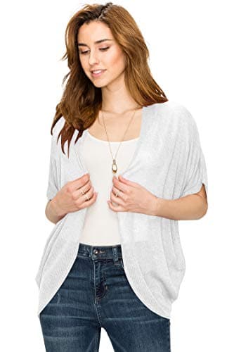 LL WSK1528 Womens Lightweight Short Sleeve Open-Front Casual Batwing Cardigan Loose Cover up L White - Image 3