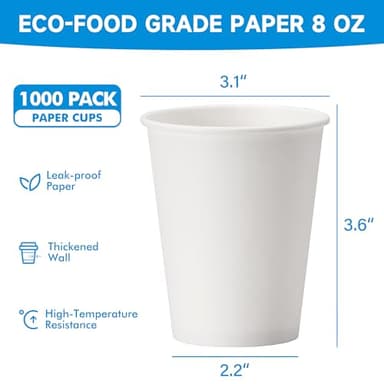 RACETOP 8 oz 1000 Pack Disposable Paper Coffee Cups, Paper Cups 8 oz Disposable, Ideal for Party, Home, Office - Image 3