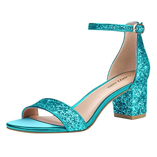 PIZZ ANNU Women's Low Block Heels Sandals Chunky Open Toe Ankle Strap Sparkly Wedding Dress Pump Shoes For Women Brides Ladies,Blue Sequin 9 - Image 1