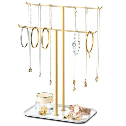 pickpiff Necklace Holder Jewelry Organizer Stand – 2‑Tier T‑Bar Jewelry Display Tree with Tray for Countertop Necklace Bracelet Earring Storage, Vanity Dresser Bathroom Sink, Gold - Image 1