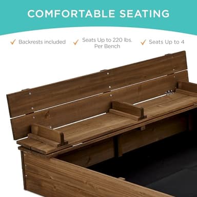 Best Choice Products Kids' Outdoor Wooden Sandbox Large, Cedar Wood with Foldable Bench Seats and Sand Protection, Bottom Liner Included - Walnut - Image 3