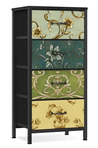 Furnulem 4 Drawer Dresser, Vertical Nightstand for Kids, Adult, Fabric Chest of Drawers for Bedroom, Living Room, Closet, Nusery, Storage Tower Unit Retro Style Furniture, Wood Desk Top - Image 1