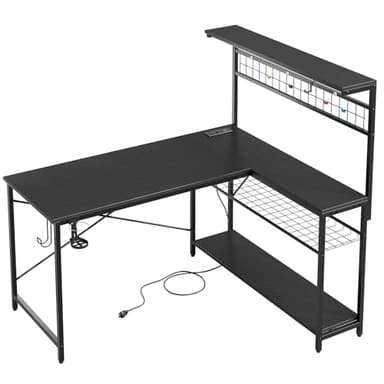 Bestier Gaming Desk 51" L-Shaped, with Power Outlets & LED Lights- 4 Tier Shelves, Reversible Gamer Table with Hooks & Cup Holder for Home Office Carbon Fiber Black - Image 9