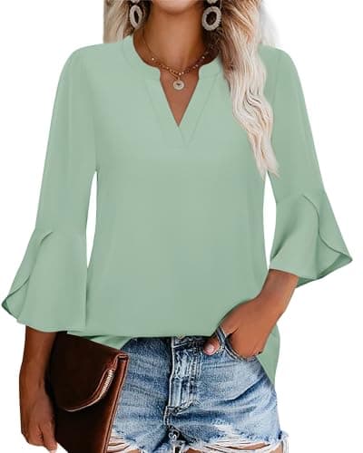 Gaharu Women Shirts for Work: XL Lime Green 3/4 Ruffle Sleeve Summer Tops - Office Blouses - Junior Business Tops Attire - Image 1