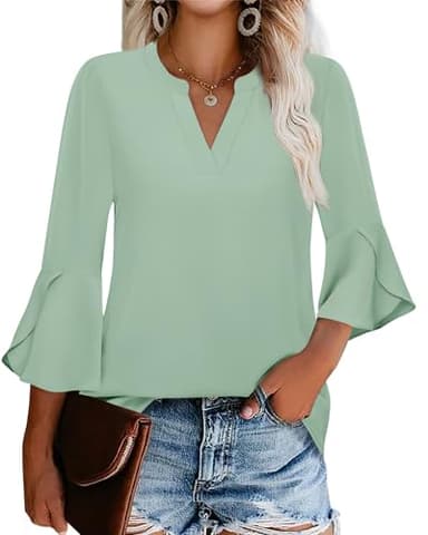 Gaharu Women Shirts for Work: XL Lime Green 3/4 Ruffle Sleeve Summer Tops - Office Blouses - Junior Business Tops Attire - Image 1