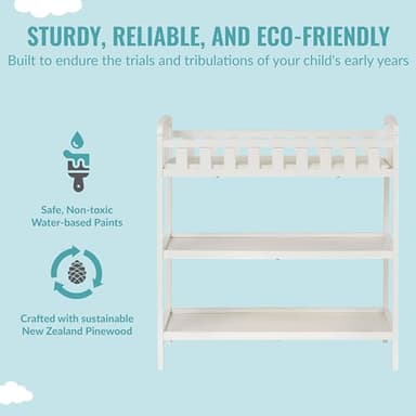 Dream On Me Emily Changing Table in White – Compact & Portable, Solid New Zealand Pinewood, Safety Rails, Two Spacious Storage Shelves, Water-Resistant 1" Changing Pad - Image 5