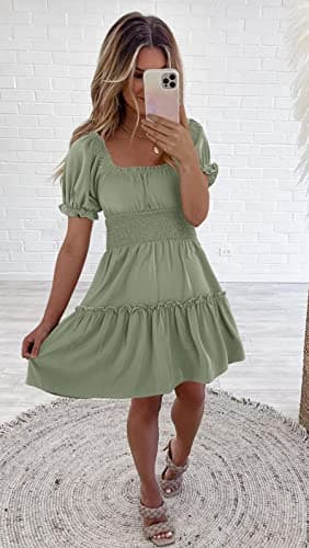 Heysolo Womens Square Neck Mini Dress Casual Short Sleeve Empire Waist Smocked Summer Babydoll Dresses Light Green - Image 5