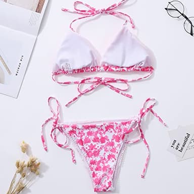 Bikinis Swimsuit Set for Women Swimwear Triangle Bathing Suit Tie String Thong (Medium, Floral red) - Image 3