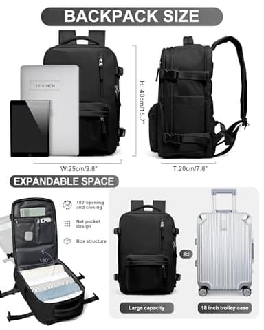 WONHOX Travel Backpack Women,Carry On Backpack Flight Approved 18x14x8 inches Bag Spirit Airlines Personal ltem,College Sports Hiking Rucksack Waterproof Casual Daypack Laptop Blackpack Men,Black - Image 3