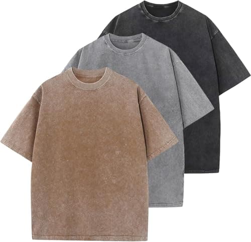 Men's Oversized T-Shirts Cotton Unisex Short Sleeves Casual Loose Wash Solid Basic Tee Tops(Black+Grey+Coffee-M) - Image 1