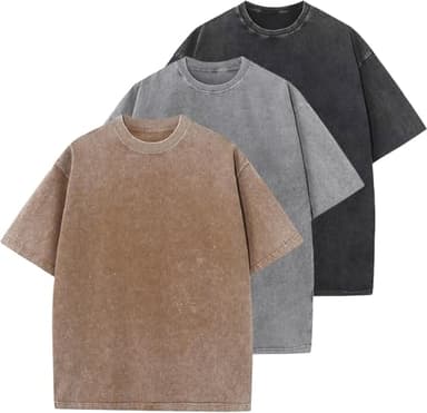 Men's Oversized T-Shirts Cotton Unisex Short Sleeves Casual Loose Wash Solid Basic Tee Tops(Black+Grey+Coffee-M) - Image 1