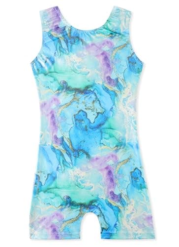 HOZIY Leotard for Girls Gymnastics With Shorts 3t 4t Biketard Gymnastic Tumbling Outfit Suit Clothing Kids Child Shiny Sparkle Glitter Marble Blue Green Purple Floral - Image 1