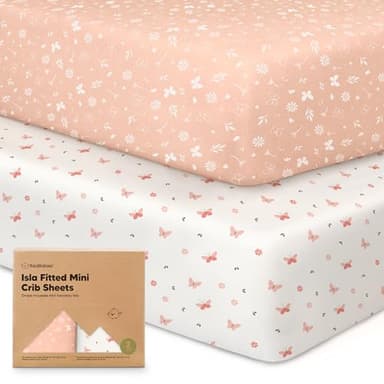 Pack and Play Sheets Fitted - 2-Pack Mini Crib Sheets for Pack N Play Mattress 38x26, Soft & Cozy, Neutral Toddler Playard Bedding, Snug Fitted Mini Baby Crib Mattress Cover Boy, Girl (Butterflies) - Image 1