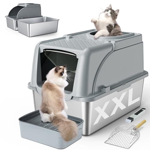 Rilvva Stainless Steel Cat Box Dual Entrance XXL Large Litter Box for Cats, Covered Metal Kitty Litter Box with Flip Door, 16.6” High Wall& Litter Scoop, Gray 2 Pack