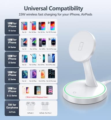 2 Pack Magnetic Wireless Charger Stand 15W Fast Mag-Safe Charger for iPhone iPhone 17 /17 pro/ 17 Air/ 17 pro max 16/15/14/13/12 Series Magnet Wireless Charging Station with Light for AirPods - Image 7