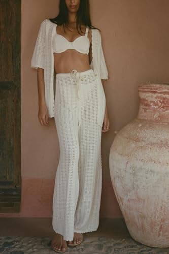 Imily Bela Women's 2 Piece Knit Vacation Outfits Summer Beach Cardigan Top and Drawstring Long Pants Pajama Set Loungewear - Image 2