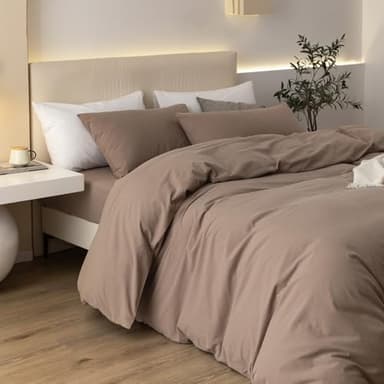 JIYUAN 100% Washed Cotton Duvet Cover Set 3 Pieces King, 1 Duvet Cover 104x90 Inches(Comforter Not Included) and 2 Pillowcases,Linen Feel Bedding Set Comfy and Breathable,Light Brown - Image 4