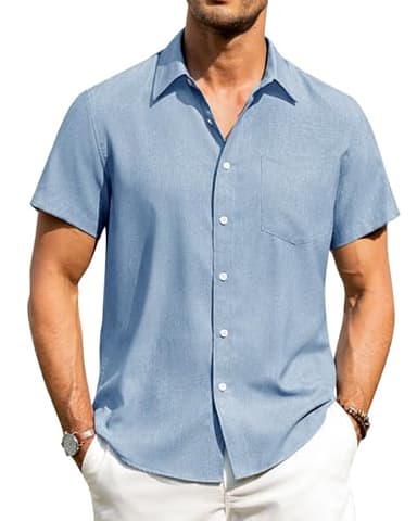 Alimens & Gentle Mens Linen Shirts Short Sleeve Button Down Shirts Wrinkle Free Casual Vacation Beach Summer Tops,Sky Blue,3XL - Image 1