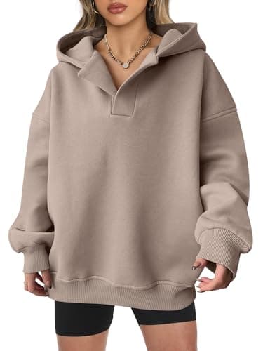 ANRABESS Womens Oversized Hoodies V Neck Sweatshirts Fleece Long Sleeve Pullover Y2K Clothes 2025 Fall Trendy Outfits Coffee Grey XXL - Image 1