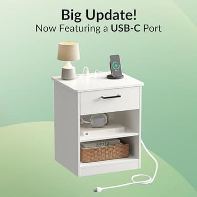 ODIKA Everyday Side Table with Fast Charging Station - USB C Cable Fast Charging, Wooden White Nightstand Bedside Table with Drawer, End Table with Optional Adjustable Shelf for Bedroom, Set of 1 - Image 4