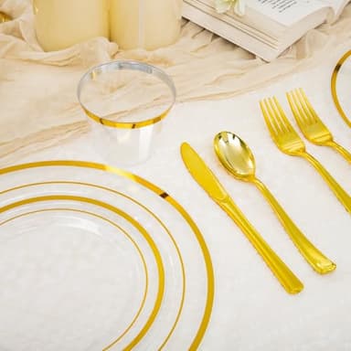 WELLIFE 300 PCS Clear Gold Dinnerware Set for 50 Guests, Clear and Gold Plastic Plates for Party, 50 Dinner Plates, 50 Salad Plates, 50 Cups Forks Knives Spoons for Wedding and Party Supplies - Image 4