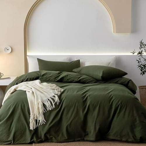 JIYUAN 100% Washed Cotton Duvet Cover Set 3 Pieces Queen, 1 Duvet Cover 90x90 Inches(Comforter Not Included) and 2 Pillowcases,Linen Feel Bedding Set Comfy and Breathable,Olive Green - Image 1