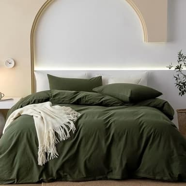 JIYUAN 100% Washed Cotton Duvet Cover Set 3 Pieces Queen, 1 Duvet Cover 90x90 Inches(Comforter Not Included) and 2 Pillowcases,Linen Feel Bedding Set Comfy and Breathable,Olive Green - Image 1