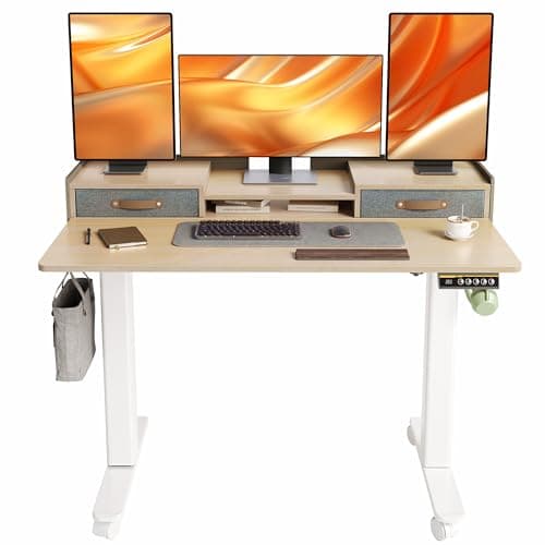 YDN Standing Desk with Drawers, 48 Inch Standing Desk Adjustable Height, Adjustable Electric Stand Up with Storage and Shelf, Natural - Image 1