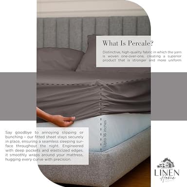 Linen Home 100% Cotton Percale Sheets King Size, Charcoal, Deep Pocket, 4 Pieces Set - 1 Flat, 1 Deep Pocket Fitted Sheet and 2 Pillowcases, Crisp Cool and Strong Bed Linen - Image 4