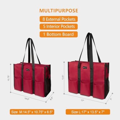 TOPDesign Utility Water Resistant Tote Bag with 13 Exterior & Interior Pockets, Top Zipper Closure & Thick Bottom Support, for Working Women, Teachers, Nurses, Accountants (Red) - Image 2