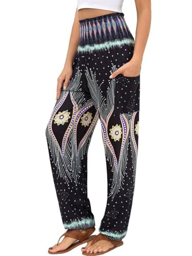 QIANXIZHAN Women's Harem Pants, High Waist Yoga Boho Trousers with Pockets Peacock Black XL - Image 1