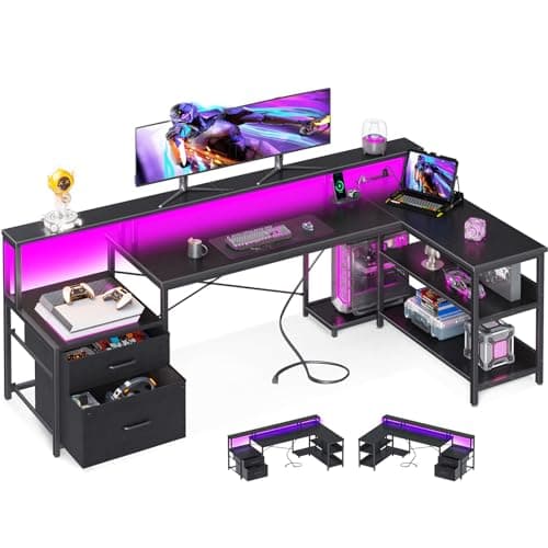 ODK L Shaped Desk with File Drawer, 75" Reversible L Shaped Computer Desk with Power Outlet & LED Strip, Office Desk with Storage Shelves, Gaming Desk with Monitor Shelf, Corner Desk, Black - Image 1