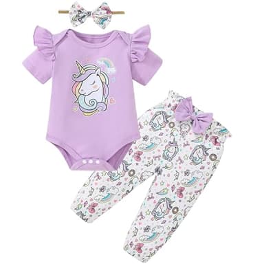 DISAUR Toddler Cute Baby Girl Clothes Short Sleeve Outfits Purple Adorable Pony Ruffle White Romper Pants For First Birthday Party 12 Months 18 Months - Image 1