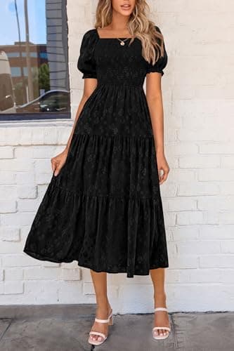 PRETTYGARDEN Women's 2025 Summer Casual Midi Dresses Square Neck Short Sleeve Smocked A Line Floral Flowy Elegant Boho Dress (Black,X-Large) - Image 4
