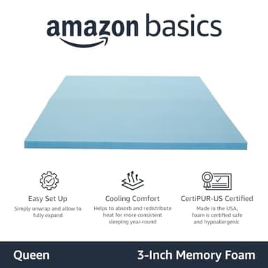 Amazon Basics Cooling Gel-Infused Memory Foam Mattress Topper, CertiPUR-US Certified, 3 inches, Queen, Blue - Image 2