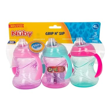 Nuby Clik-It Grip N' Sip Soft Spout No-Spill Training Sippy Cup with Handles - (3-Pack) 10 oz - 4+ Months - Aqua/Purple/Pink - Image 9