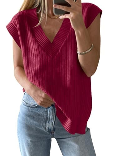 Saodimallsu Womens V Neck Sweater Vest Oversized Ribbed Knit Sleeveless Casual Loose Fit Pullover Tank Top Burgundy - Image 1
