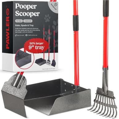 Pawler Pooper Scooper for Large Dogs, Small Dogs and Horses, Metal Poop Scooper Set with Long Handle Rake, Spade and Tray for Yard, Grass, Dirt or Gravel, Heavy Duty Aluminum Poop Picker Upper - Image 1