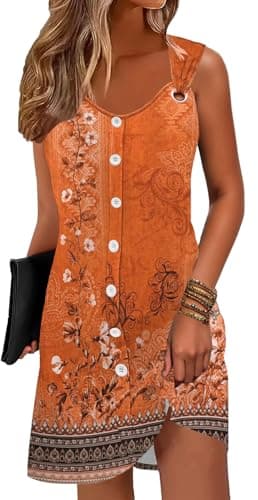 Disamer Summer Dresses for Women 2025 Sundresses Beach Swimsuit Coverups Vacation Sleeveless Button Down Spring Sun Dress,Floral Orange,Small - Image 1