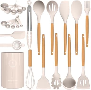 Silicone Cooking Utensils Set - Silicone Kitchen Utensils for Cooking Wooden Handles, 446°F Heat Resistant Kitchen Utensil Spatula Sets w Holder, Gadgets for Non-Stick Cookware BPA FREE (Khaki) - Image 9