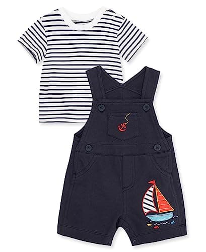 Little Me Baby Boy Shortall Set – 2-Piece, Tee Shirt and Overall Shorts, Cute and Comfy Outfits, Navy Blue Stripe, 9 Months - Image 1