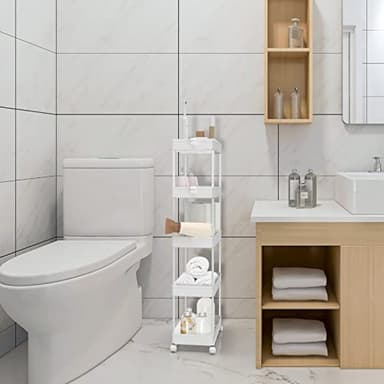 SPACEKEEPER 5-Tier Storage Cart Organizer Rolling Utility Cart, Mobile Shelving Unit Slide Out Storage Shelves for Kitchen Living Room Bathroom Laundry Room & Dressers, White - Image 2