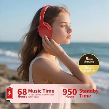 MIDOLA Bluetooth Headphones Over Ear 68H Playtime 6 EQ Wireless Headset with Microphone HiFi Stereo Foldable Lightweight Deep Bass for Travel Home Office Cellphone Red - Image 2